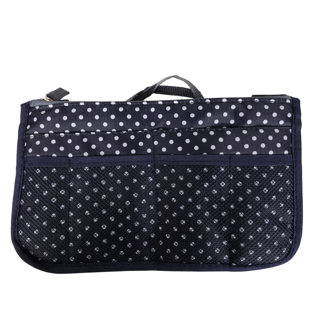 Vercord Navy Blue Polka Dot Purse Organizer Insert Zippered Travel Bag Small